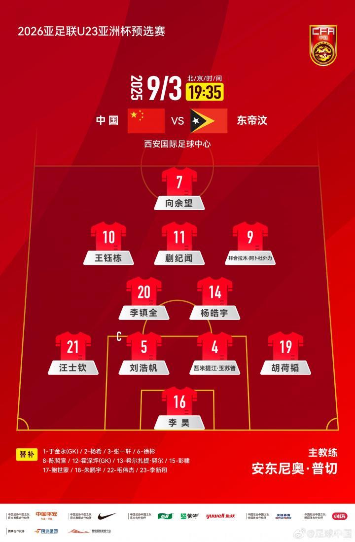 星空体育APP下载-4231!U22国足官方阵型:向余望单箭头,王钰栋 拜合拉木分居两侧